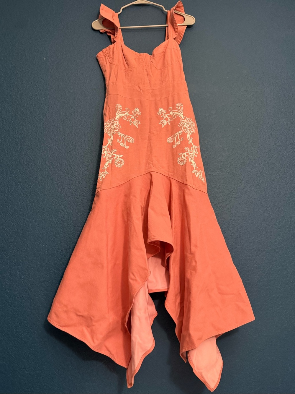 Coral Maxi Dress with White Floral Embroidery